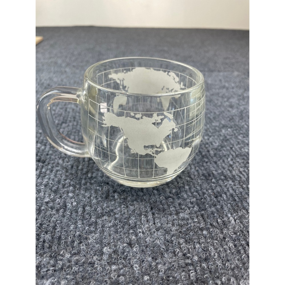 Vintage Nestle Clear Glass World Map Globe Etched Coffee Mug Cup Frosted Design